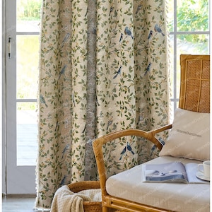 Cortina de lino con diseño de pájaros y flores, estilo rústico, para sala de estar y dormitorio, personalizable. imagen 4