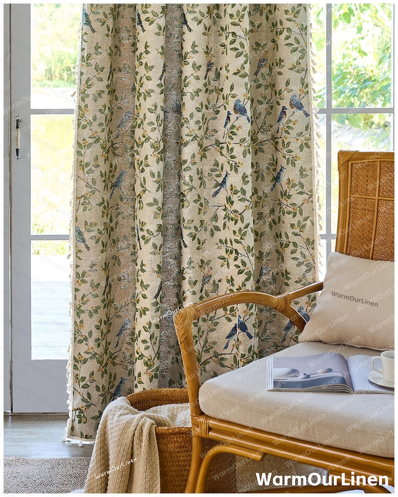 Cortina de lino con diseño de pájaros y flores, estilo rústico, para sala de estar y dormitorio, personalizable. imagen 4
