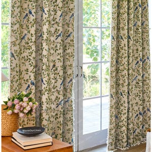 Cortina de lino con diseño de pájaros y flores, estilo rústico, para sala de estar y dormitorio, personalizable. imagen 3