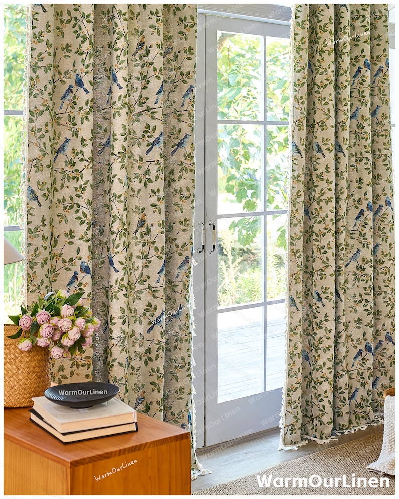 Cortina de lino con diseño de pájaros y flores, estilo rústico, para sala de estar y dormitorio, personalizable. imagen 3