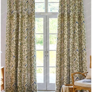 Cortina de lino con diseño de pájaros y flores, estilo rústico, para sala de estar y dormitorio, personalizable. imagen 2