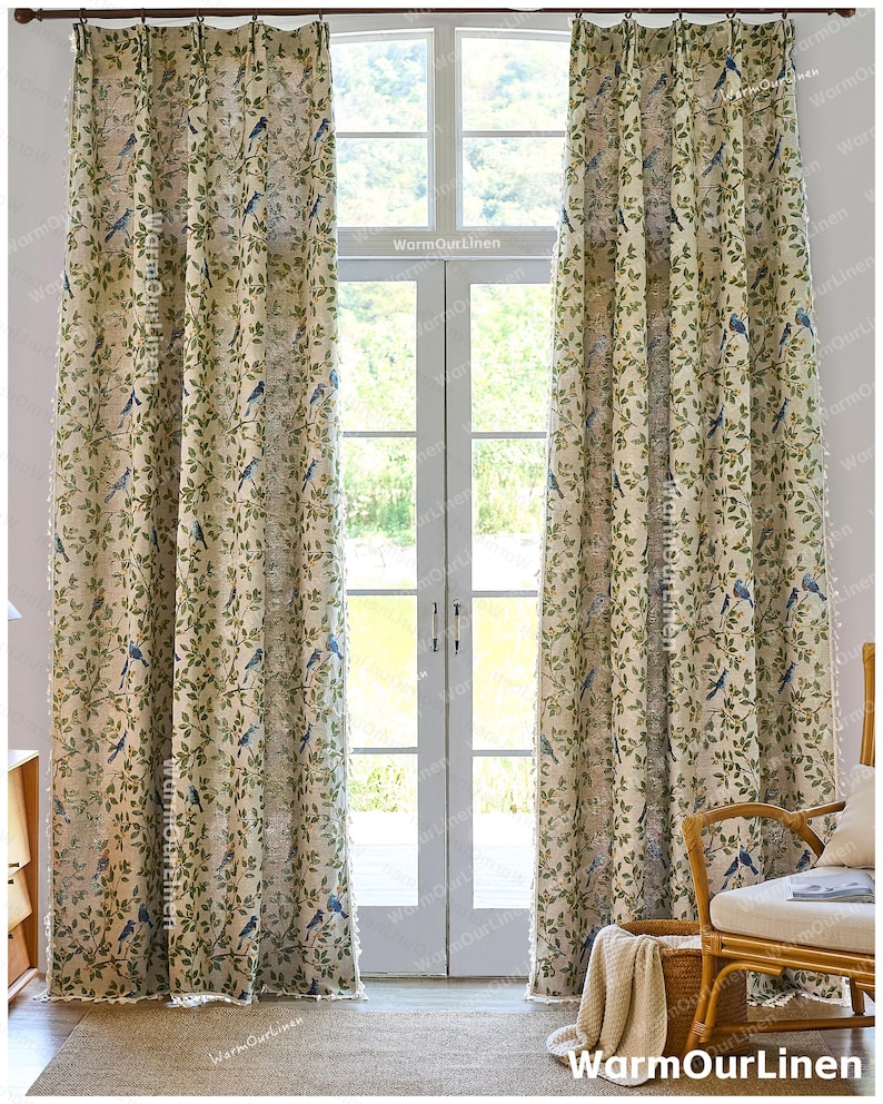 Cortina de lino con diseño de pájaros y flores, estilo rústico, para sala de estar y dormitorio, personalizable. imagen 2