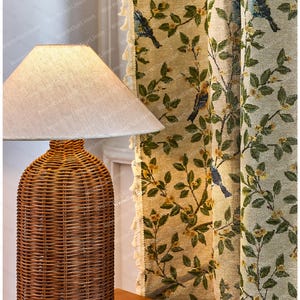 Cortina de lino con diseño de pájaros y flores, estilo rústico, para sala de estar y dormitorio, personalizable. imagen 5