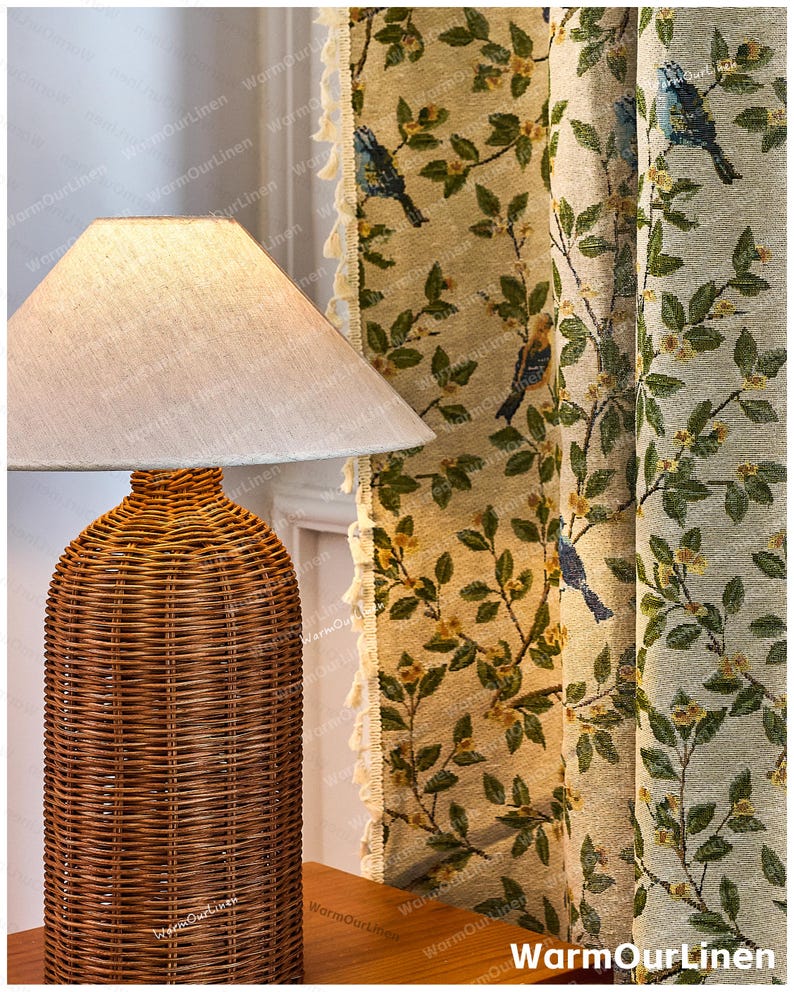 Cortina de lino con diseño de pájaros y flores, estilo rústico, para sala de estar y dormitorio, personalizable. imagen 5