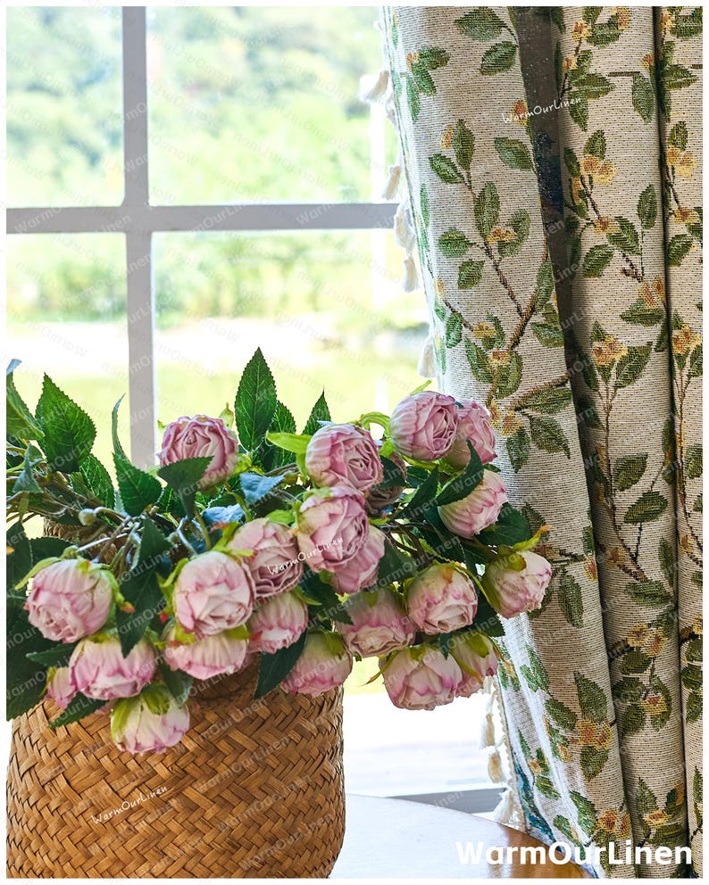 Cortina de lino con diseño de pájaros y flores, estilo rústico, para sala de estar y dormitorio, personalizable. imagen 7