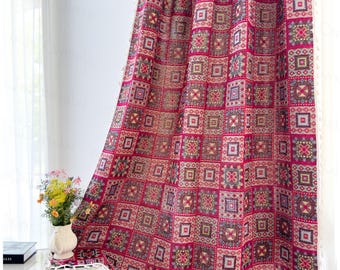 Red Boho Cotton Linen Curtain Panel, Geometric Print Drapery, Vintage Countryside Drapery, Customize Curtains for Living Room and Bedroom