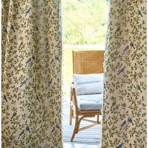 Cortina de lino con diseño de pájaros y flores, estilo rústico, para sala de estar y dormitorio, personalizable. imagen 6