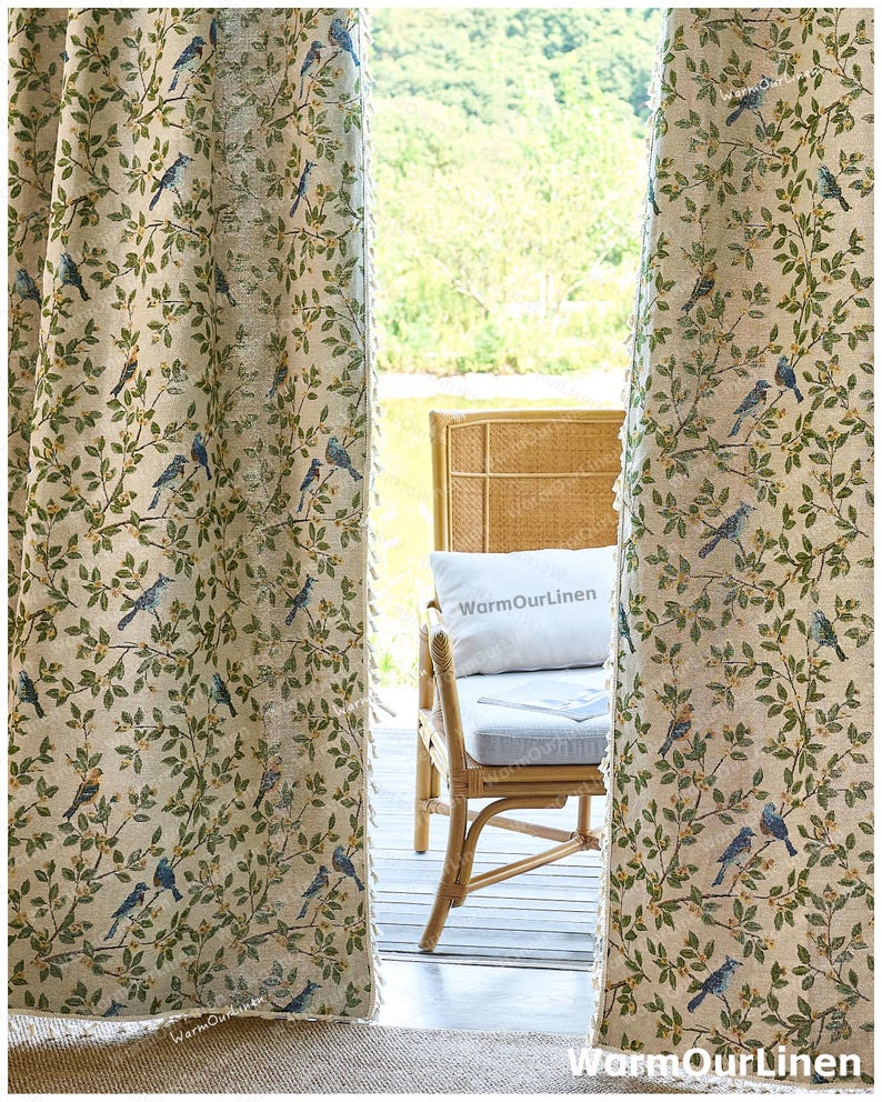 Cortina de lino con diseño de pájaros y flores, estilo rústico, para sala de estar y dormitorio, personalizable. imagen 6