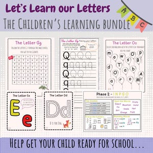 Può includere: Un pacchetto didattico per bambini con schede didattiche. L'immagine presenta pagine per ricalcare le lettere, abbinare le lettere e riconoscere le parole. Il testo include "Let's Learn our Letters" e "The Children's Learning Bundle".