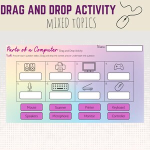 May include: A colorful worksheet with a drag and drop activity for learning about the parts of a computer. The worksheet includes images of a computer monitor, speakers, a keyboard, a mouse, a printer, a scanner, a microphone, and a game controller. The task is to match each image with its corresponding name.