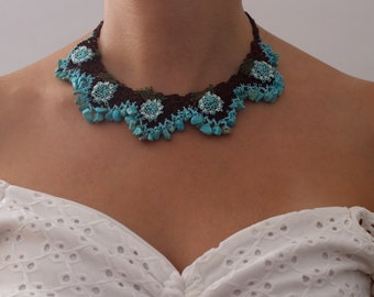 Turquoise Gemstone Crochet Choker Necklace, Adjustable, Metal-Free Necklace, Bib, Collar Necklace, Spectacular Flower Necklace, Gift for Mom