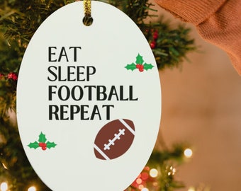 Eat Sleep Football Repeat Festive Oval Christmas Ornament, Football Coach Gift, Unique Christmas Gifts, Football Fan Merch, Tree Decoration