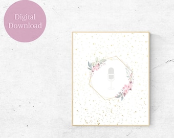 Powerful Woman Speaker Inspirational Workplace Art, Motivational Office Wall Art, Modern Home Office Decor, Minimalist mic podcast printable