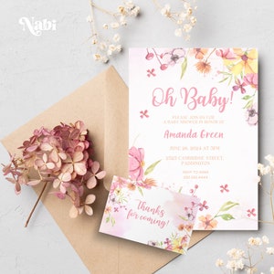 Floral Blush Pink Baby Shower uitnodiging sjabloon, Oh Baby bewerkbare uitnodiging, lentebloem uitnodigen, bewerkbare lentebloemen Bedankkaart