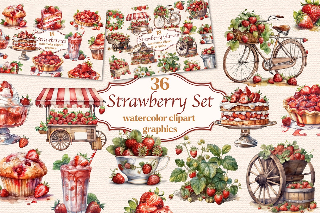 Strawberry Set Clipart Fruits Watercolor Scrapbooking - Etsy