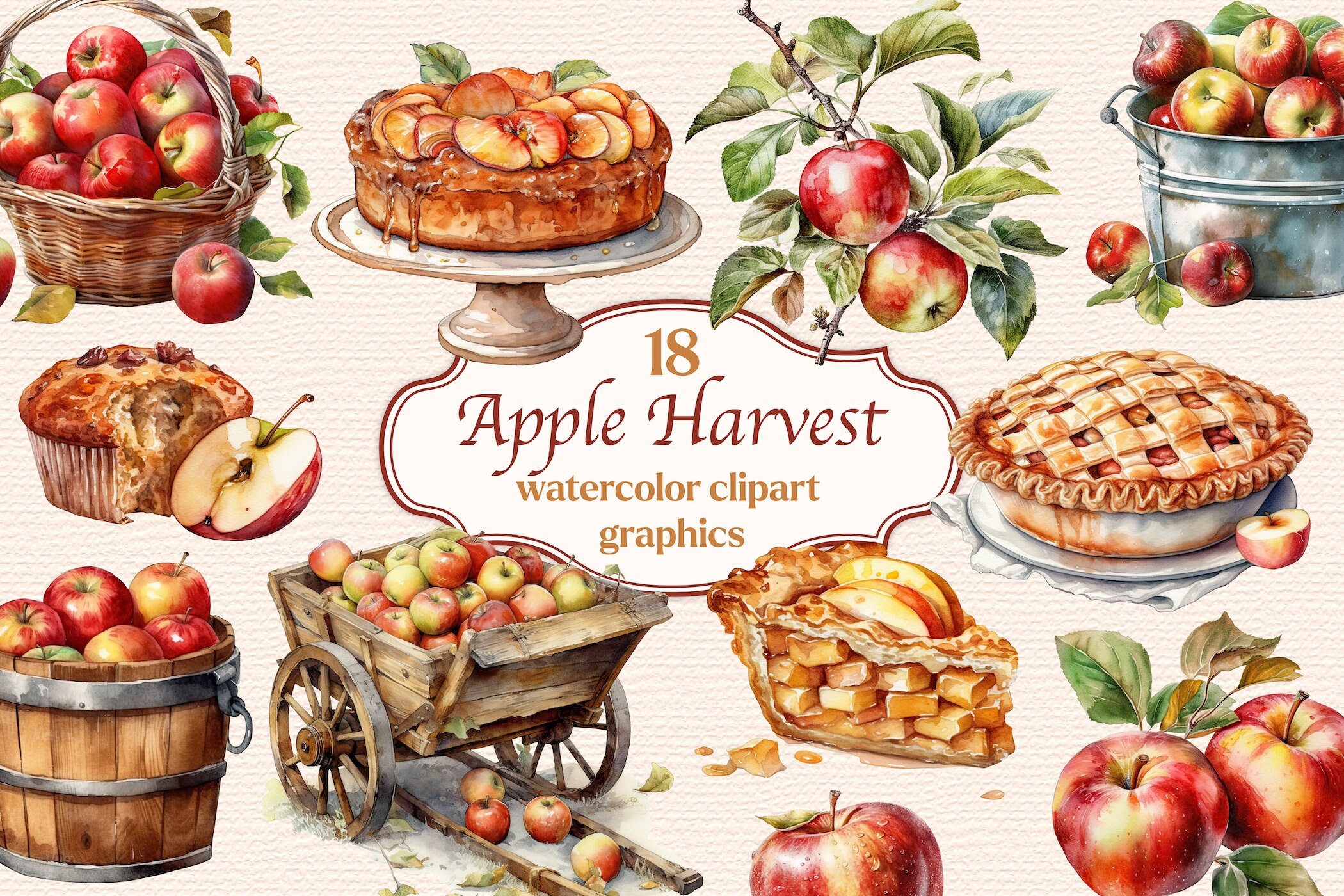 Apple Harvest Clipart Fruits Watercolor Scrapbooking Etsy