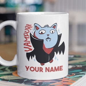 Funny personalized vampire cat coffee mug Halloween cute kitty vampurr gift for cat lover grandma grandpa wife husband dad mom humorous mug