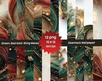 Papier peint transparent tourbillons or vert rouge : papier numérique bling bling pour les fêtes (téléchargement PNG