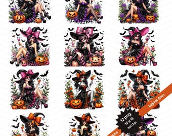 Sorcières glam buvant du vin Art numérique : Halloween PNG, ensemble (40 x 40 cm, 300 ppp)