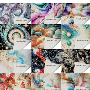 May include: A collection of twelve 12x12 inch custom print neoprene vinyl fabric squares. Each square features a unique abstract design with vibrant colors and patterns. The fabric is waterproof with knit backing.