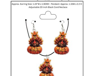 Ensemble de bijoux en similicuir (boucles d'oreilles et collier) en forme de dinde et de citrouille. Cadeau de Thanksgiving.