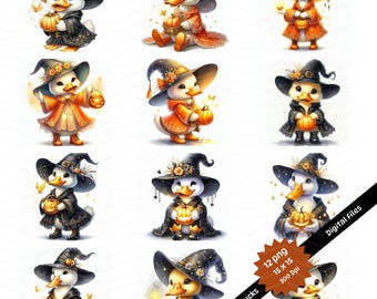 Canard d'Halloween PNG : chapeau de sorcière, citrouilles - Téléchargements numériques