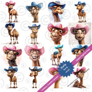 Adorable vaquero y vaquera camello clipart / 16 gráficos digitales PNG de camellos / Animales del desierto occidental / Divertido arte de camellos para manualidades y sublimación