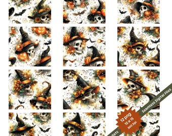 Papier numérique glam Halloween : tête de mort, chauves-souris et chapeaux de sorcière (12 modèles PNG sans couture