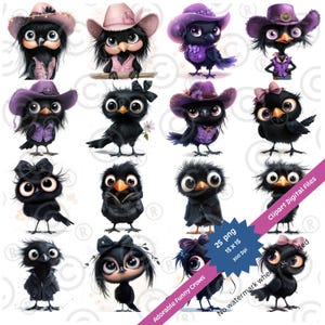 Paquete de imágenes prediseñadas de cuervo lindo y divertido / Adorables imágenes PNG de cuervo de dibujos animados / Descarga digital de pájaro negro peculiar / Descarga instantánea / 25 png 15x15 300DPI