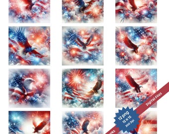 Bald Eagle & American Flag Fireworks PNG Files – 4th of July Digital Download, Patriotic Sublimation Bundle, Independence Day Clipart