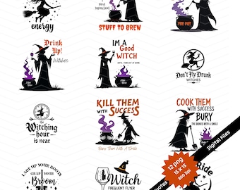 Citations drôles de sorcière PNG : conceptions d'Halloween pour des chemises, des tasses (téléchargement numérique