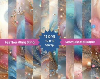 PNG sans couture de plumes scintillantes : papier numérique fantaisiste (15 x 15 po., 300 ppp)