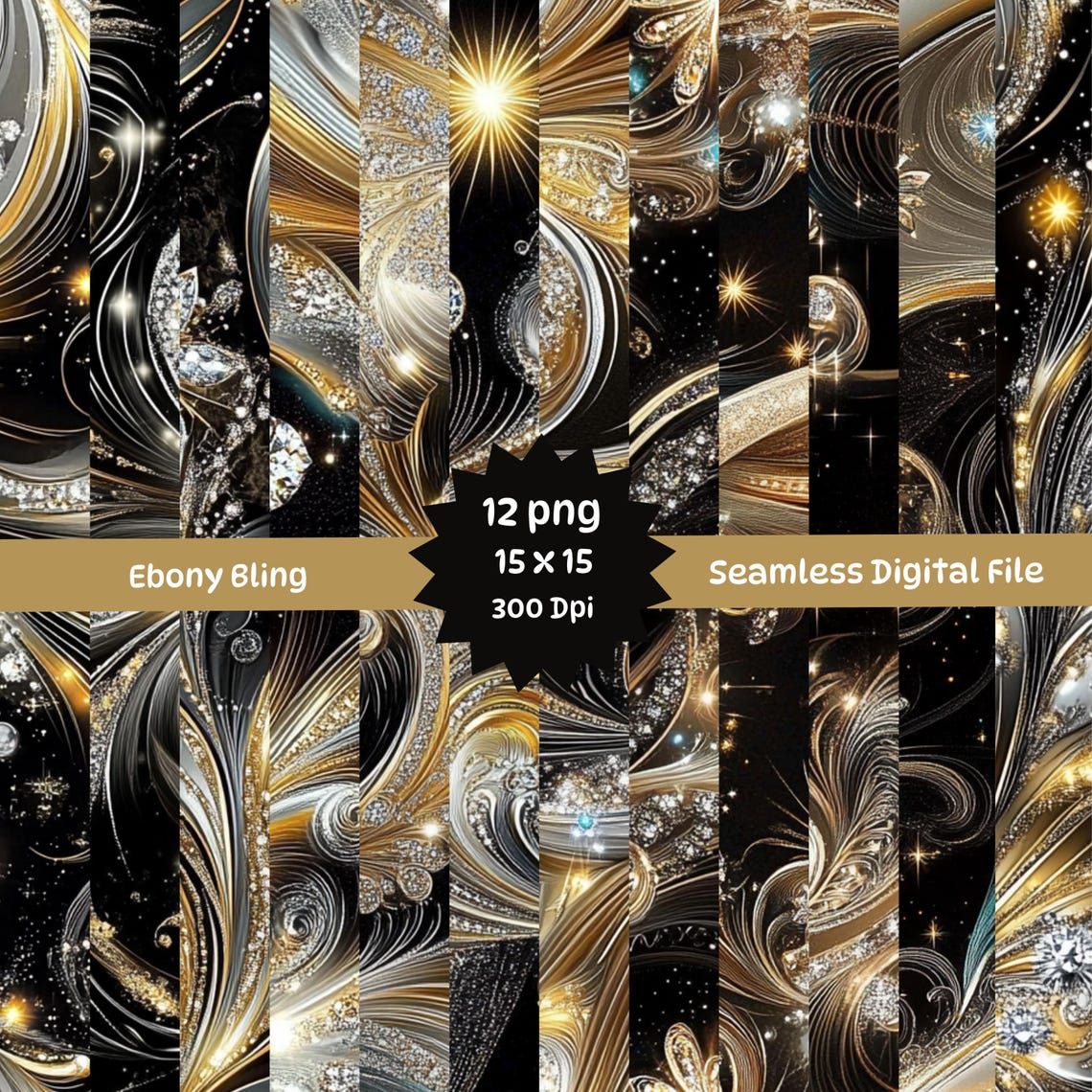 Ebony Gold Digital Papers: Seamless Diamond Gem Backgrounds (12 PNG ...