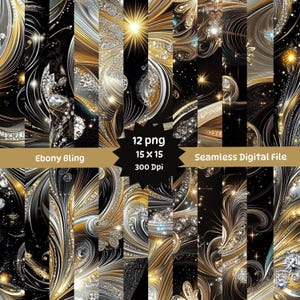 May include: A digital file featuring 12 seamless PNG images with a black, gold, and silver abstract design. The images have a size of 15 x 15 inches and a resolution of 300 dpi. The text on the image reads "Ebony Bling" and "Seamless Digital File".