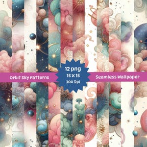 May include: Twelve seamless digital paper patterns featuring a whimsical, celestial theme. The patterns feature swirling clouds, stars, and planets in shades of pink, blue, and gold. The text "Orbit Sky Patterns" and "Seamless Wallpaper" are visible at the top of the image.