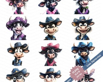 Vaches idiotes dans des chapeaux de cowboy : animaux de la ferme PNG fichiers numériques