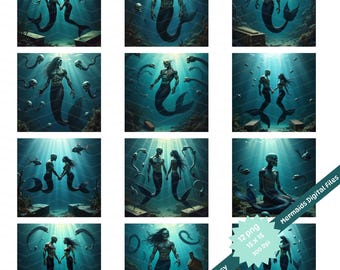 Impression d'art gothique sirène et triton squelette : décor océan Dark Fantasy (fichier numérique)