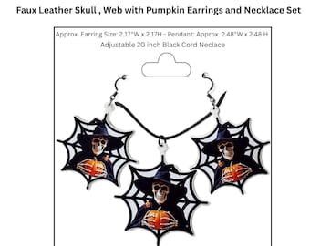 Ensemble de bijoux en similicuir pour Halloween : toile d'araignée, crâne et citrouille (boucles d'oreilles et collier). Collection Halloween, style gothique.