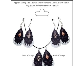 Ensemble boucles d'oreilles et collier tête de mort de sorcière double face, bijoux gothiques d'Halloween, simili cuir, 2 images