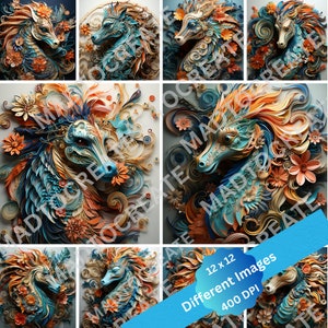 May include: A collage of 12 images featuring intricate paper cutouts of seahorses with floral designs. The seahorses are in shades of blue and green, surrounded by orange and yellow flowers. The text "12 x 12 Different Images 400 DPI" is displayed on a blue ribbon.