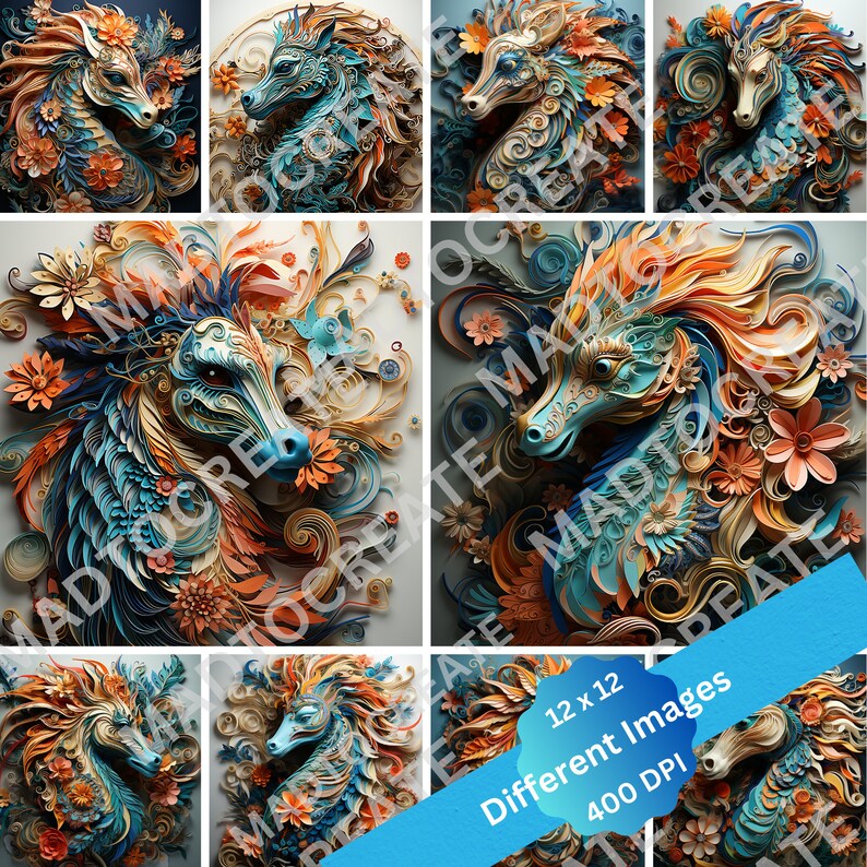 May include: A collage of 12 images featuring intricate paper cutouts of seahorses with floral designs. The seahorses are in shades of blue and green, surrounded by orange and yellow flowers. The text "12 x 12 Different Images 400 DPI" is displayed on a blue ribbon.