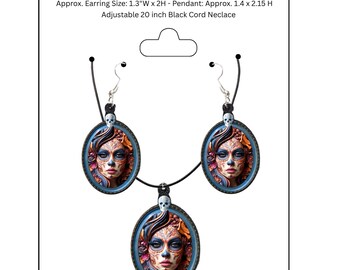 Ensemble de bijoux Dia De Los Muertos (boucles d'oreilles et collier) en similicuir, pour la Fête des Morts et Halloween.