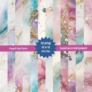 May include: Twelve seamless digital paper patterns featuring abstract watercolor designs in shades of pink, blue, and purple with gold accents and pearl embellishments. The patterns are 15 inches by 15 inches and 300 DPI.