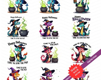 Adorable Halloween sorcière dinosaure PNGs fichiers numériques, remuer le pot, parfait pour les travaux manuels adaptés aux enfants, T-shirts, sublimation