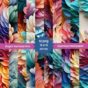 May include: A set of 12 seamless digital paper patterns featuring bright, colorful, abstract mermaid fin designs. The patterns are perfect for creating unique backgrounds, scrapbooking, and other craft projects.  12 png, 15 x 15, 300 Dpi.