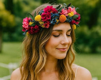 Colorful Floral Headpiece, Rustic Wedding Hair Wreath, Festival Flower Crown:Mexican Wedding Headband