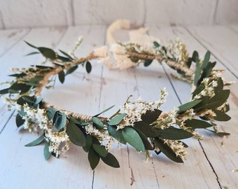 Dark Green Dried Flower Crown,Bridesmaid Hair Crown,Rustic Wedding Wreath,Engagement Crown,Bridal Shower Flower,Boho Wedding Gift