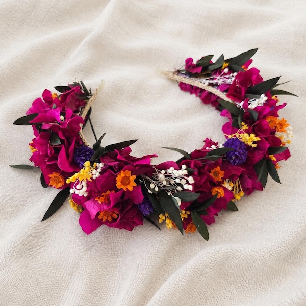 Coroa de flores magenta para noivas: acessório de cabelo rústico para casamento, conjunto para damas de honra