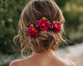 Magenta Dried Flower Hair Pins: Handmade Bridal Hair Accessories