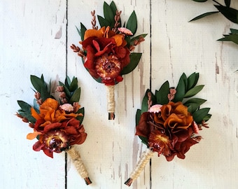 Burnt Orange Dry Flower Boutonniere,Mini Dried Flower Bouquet, ,Bohemian Dried Flower Bouquet,Eucalyptus Groomsmen buttonhole